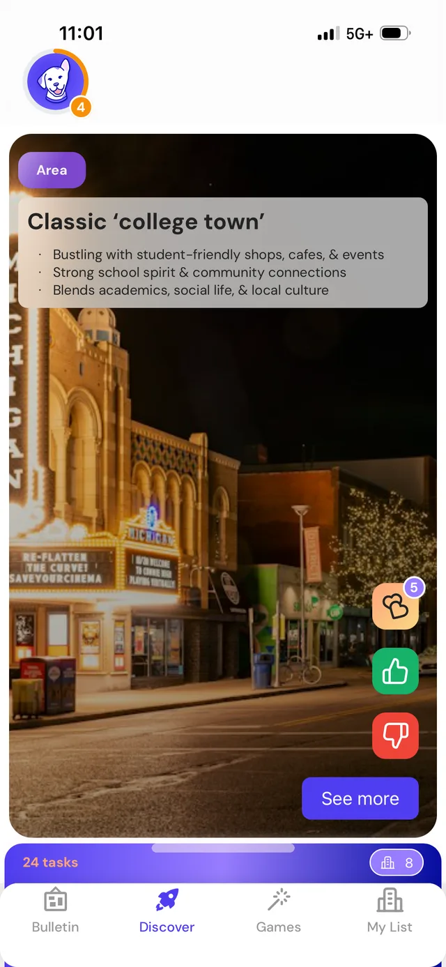 The Loper app's Discover feed, showing a Classic college town card with like and dislike buttons