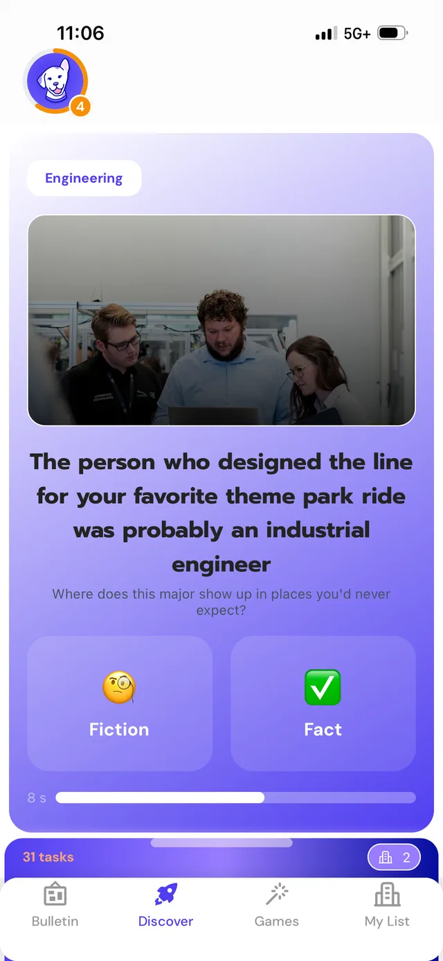 A Fact or Fiction game preview in the Discover feed