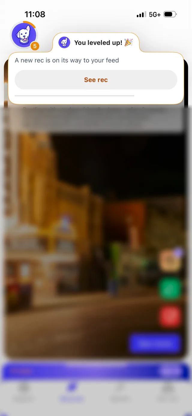 The XP ring around the Loper icon and a You leveled up! message, over a blurred feed card