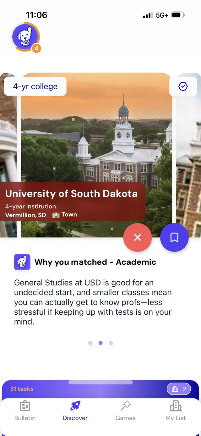 A college match card in the Loper app, with the reason it was matched