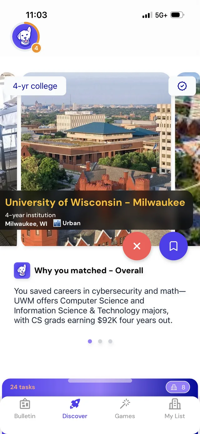 A college match card with its Why you matched explanation
