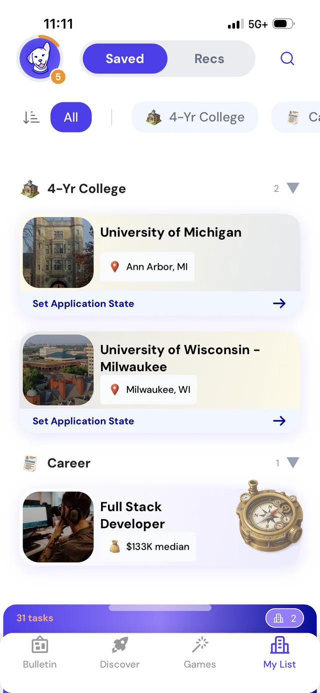 My List in the Loper app, with saved colleges and careers and a Set Application State link