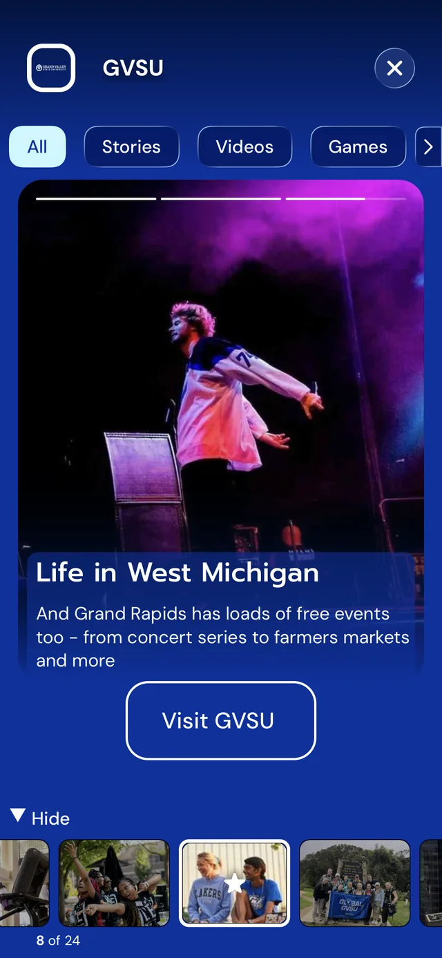 A college profile in the Loper app with stories, videos, and games tabs